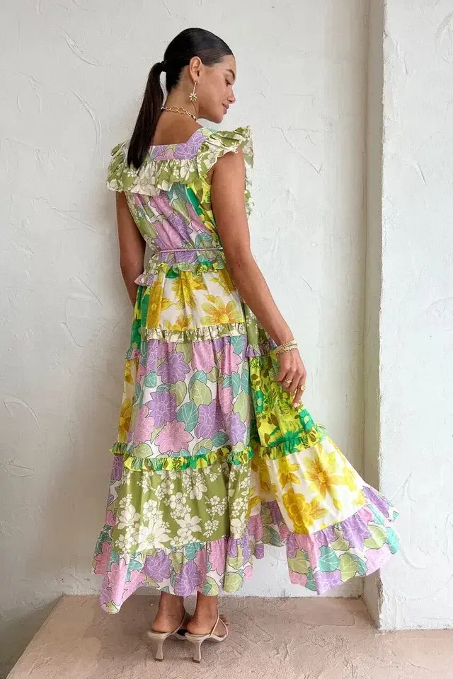 Alemais Elora Tiered Patchwork Midi Dress Size AU 10 for rent on The Volte - main image