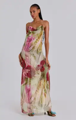 Jaded London Dahlia Hand-Beaded Backless Chiffon Maxi Dress Rosa Size AU 4