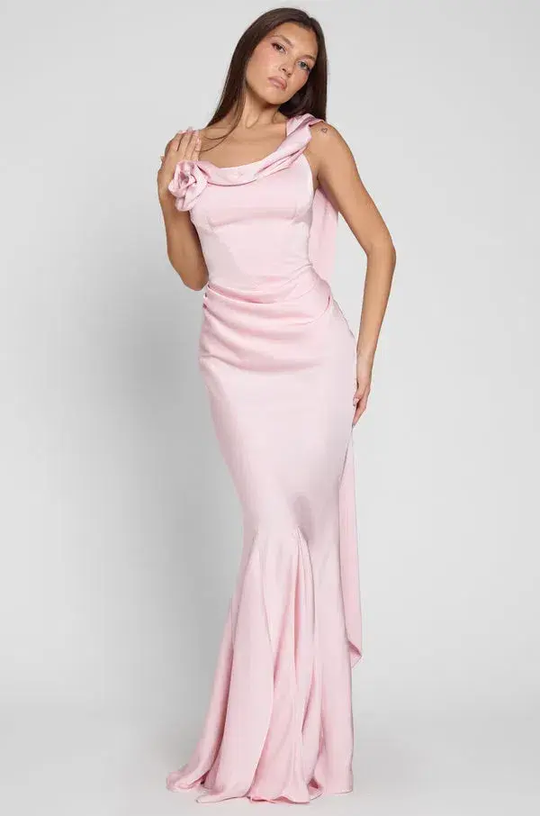LEAU Celine Corset Drape Satin Maxi Gown Pink Size 10 for rent on The Volte - main image