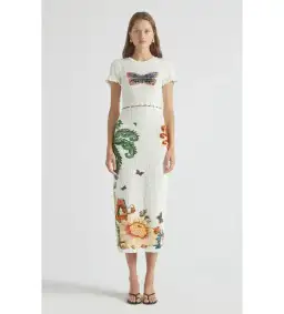 Antipodean Home Of The Art Shirred Midi Dress Lapis Size 6