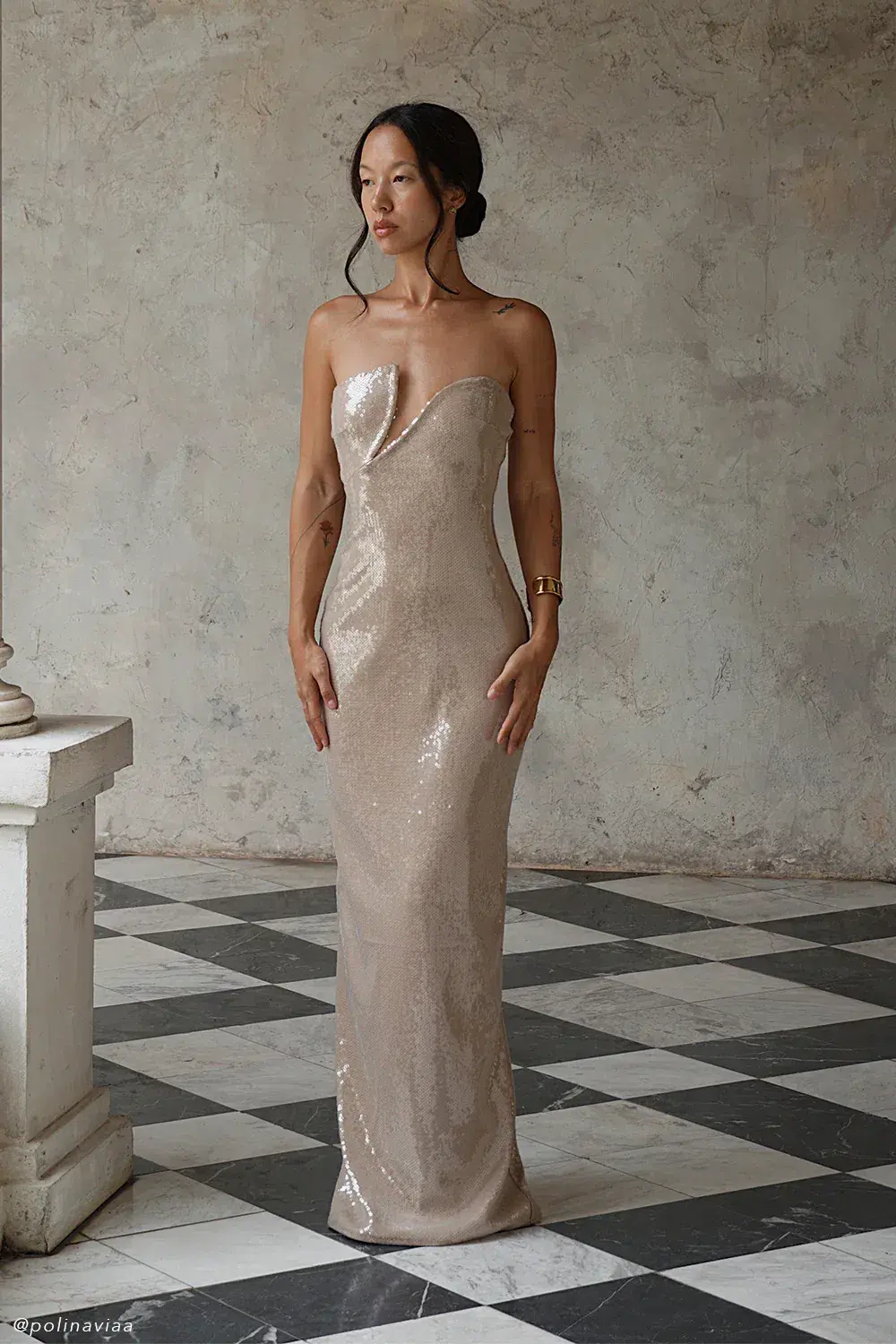 Winston Strapless Sequin Maxi Dress - Taupe for rent on The Volte - main image