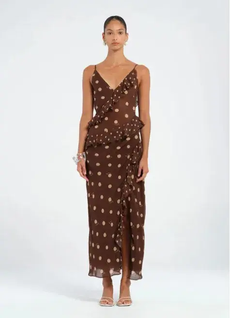 Benni Weston Ruffle Midi Dress Espresso Polka Dot Brown Size M/ AU 10 for rent on The Volte - main image