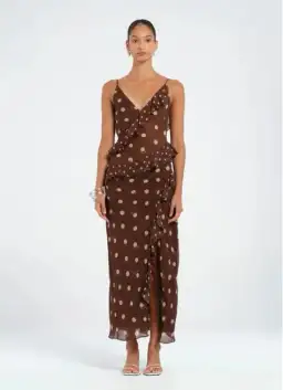 Benni Weston Ruffle Midi Dress Espresso Polka Dot Brown Size M/ AU 10 for rent on The Volte - image 1