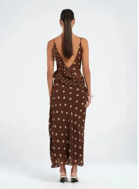 Benni Weston Ruffle Midi Dress Espresso Polka Dot Brown Size M/ AU 10 for rent on The Volte - main image