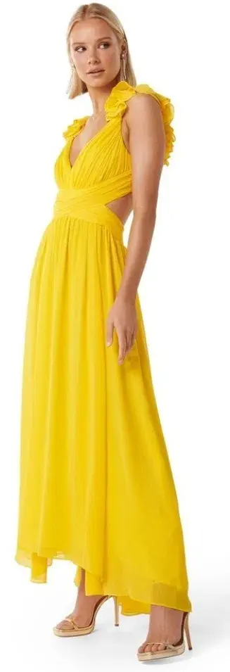Forever New Selena Ruffle Shoulder Maxi in Yellow Size 10 for rent on The Volte - main image