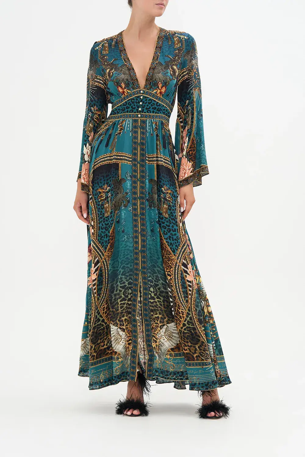 Camilla Kimono Sleeve Dress with Shirring Detail, Tiger Pants Size L/AU14 for rent on The Volte - main image