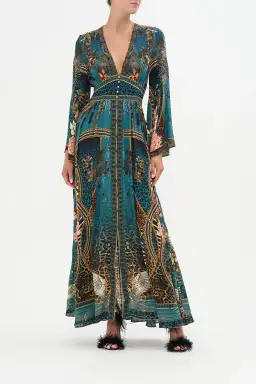Camilla Kimono Sleeve Dress with Shirring Detail, Tiger Pants Size L/AU14 for rent on The Volte - image 1