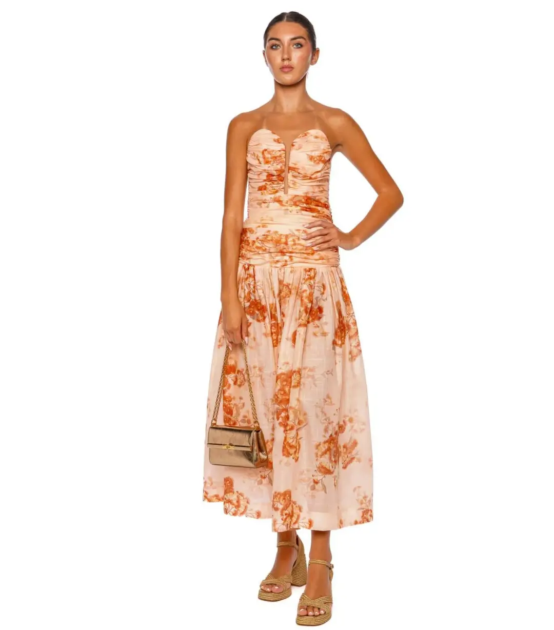 Zimmermann Cascadian Strapless Midi Dress Red Botanical Floral Size 1 / AU 10 for rent on The Volte - main image