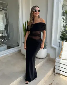 Benni Nico Off Shoulder Maxi Dress Black Size AU 6