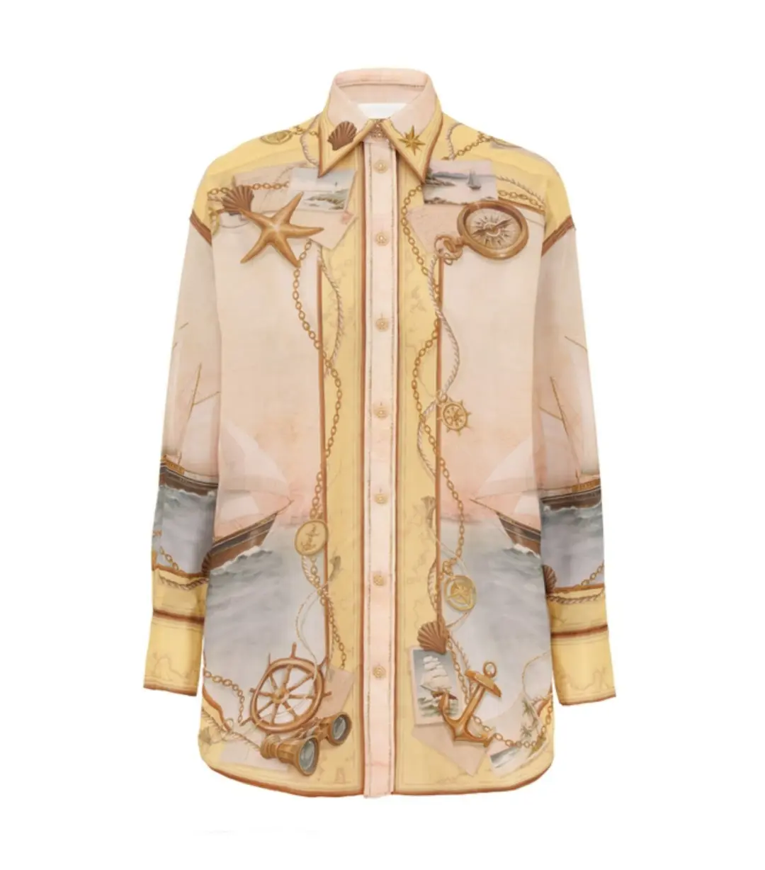 Zimmermann Scarborough Relaxed Shirt Size / 0P AU 6 and Short Size 0 / AU 8 in Yellow Nautical Map for rent on The Volte - main image