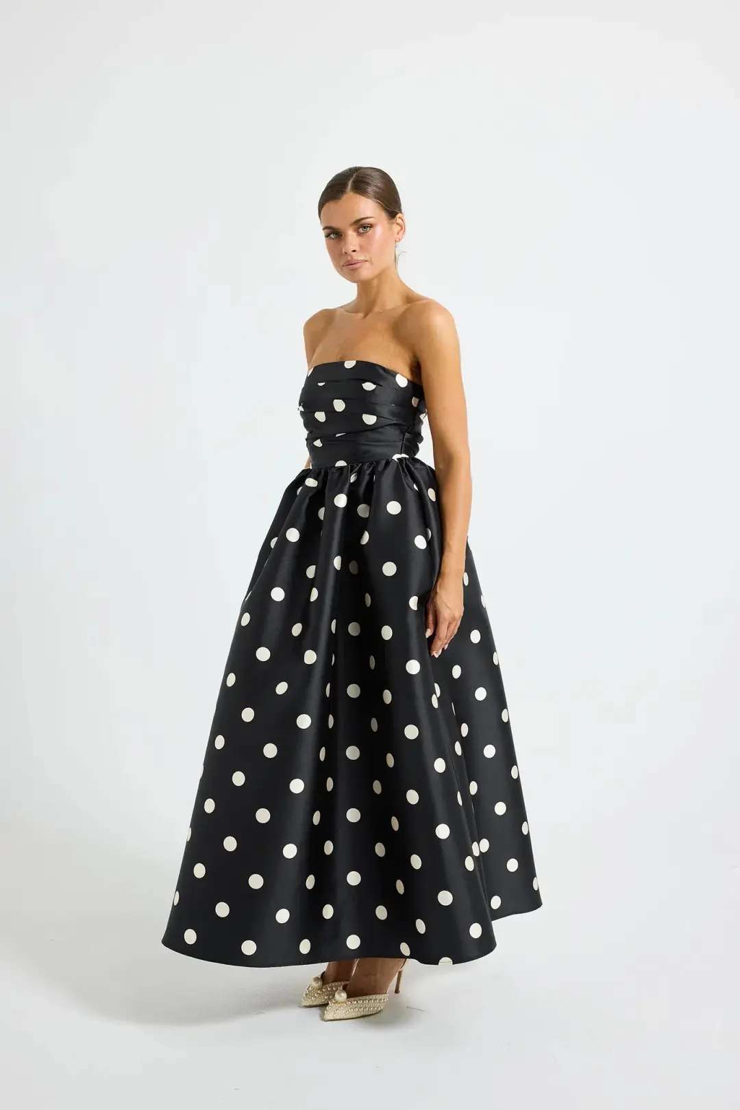 Pasduchas Dottie Strapless Midi Dress Polka Dot Black/Cream Size 10 for rent on The Volte - main image
