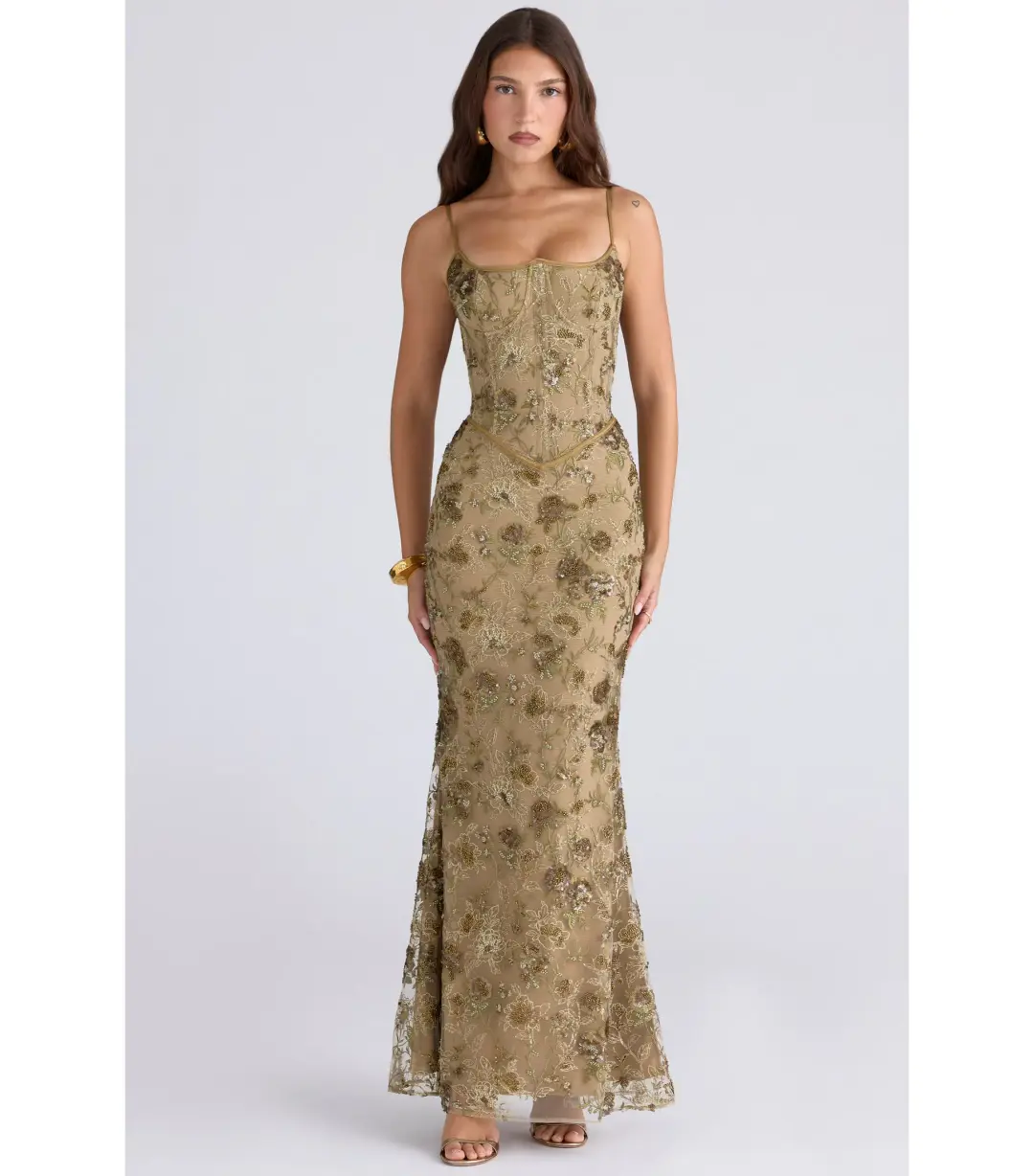 House Of CB Naima Hand Beaded Embellished Corset Maxi Dress Olive Bronze Size AU 8 for rent on The Volte - main image
