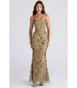 House Of CB Naima Hand Beaded Embellished Corset Maxi Dress Olive Bronze Size AU 8 for rent on The Volte - image 1