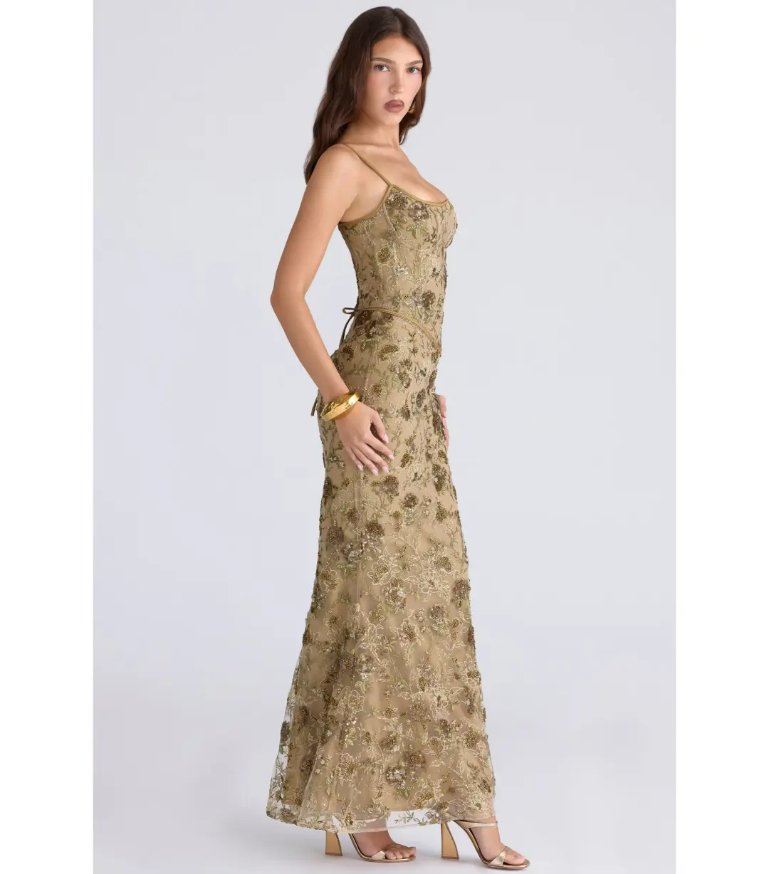 House Of CB Naima Hand Beaded Embellished Corset Maxi Dress Olive Bronze Size AU 8 for rent on The Volte - main image