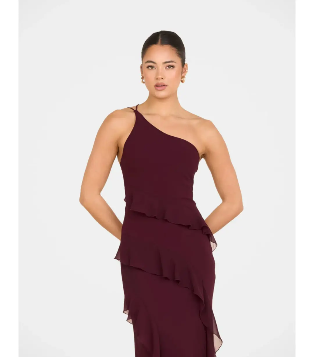 Pilgrim Dietrich One Shoulder Maxi Gown Burgundy Size AU 8 for rent on The Volte - main image