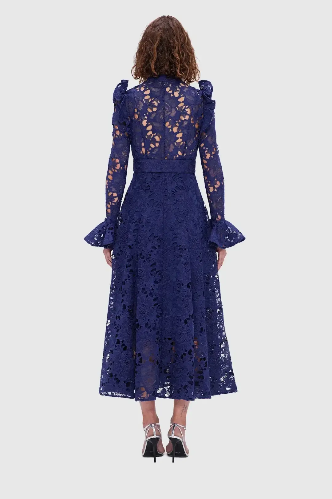 Leo Lin Aliyah Lace Butterfly Sleeve Midi Dress Oxford Blue Size 10 for rent on The Volte - main image