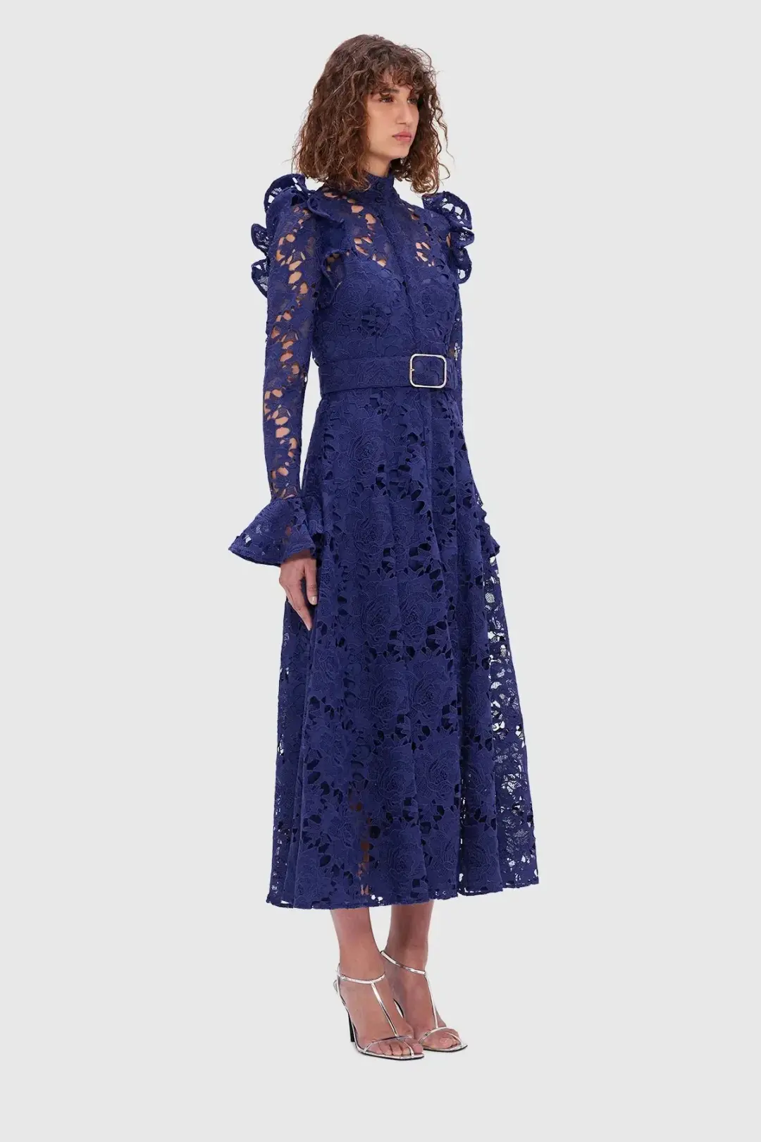 Leo Lin Aliyah Lace Butterfly Sleeve Midi Dress Oxford Blue Size 10 for rent on The Volte - main image