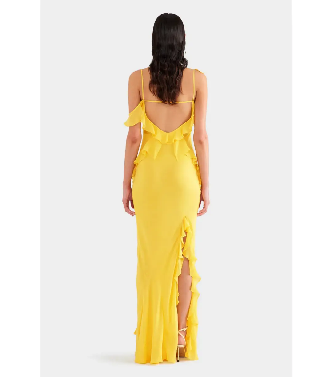Venroy Asymmetric Low Back Silk Ruffle Dress Yellow Gold Size AU 8 for rent on The Volte - main image