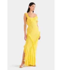 Venroy Asymmetric Low Back Silk Ruffle Dress Yellow Gold Size AU 8 for rent on The Volte - image 3