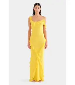 Venroy Asymmetric Low Back Silk Ruffle Dress Yellow Gold Size AU 8 for rent on The Volte - image 1