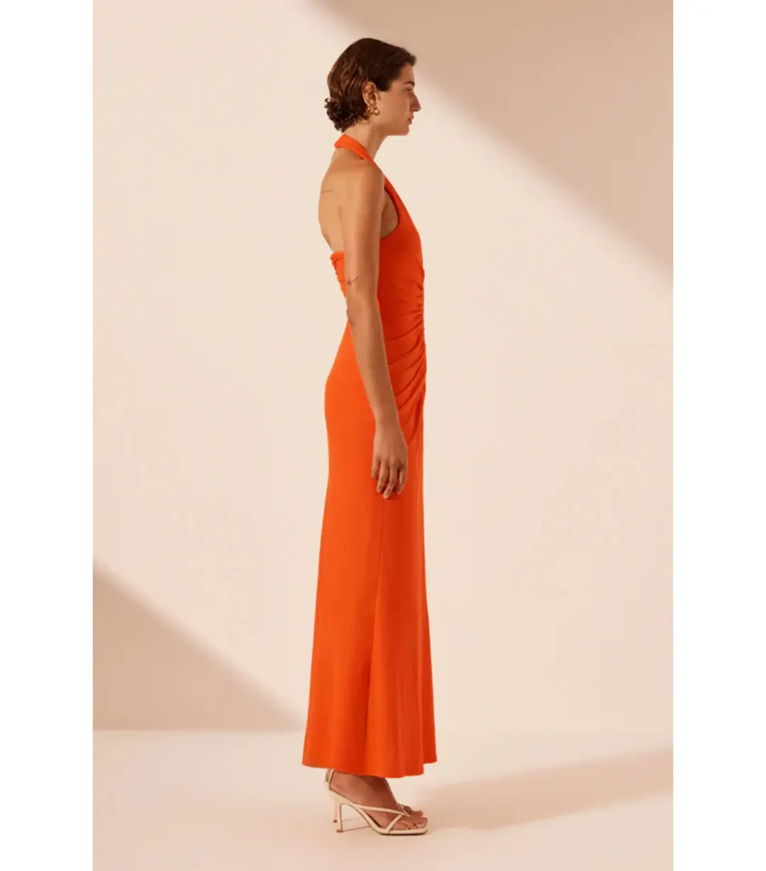 Shona Joy Beau Halter Ruched Midi Dress Hibiscus Size AU 8 for rent on The Volte - main image