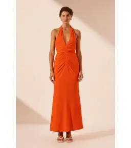 Shona Joy Beau Halter Ruched Midi Dress Hibiscus Size AU 8 for rent on The Volte - image 1