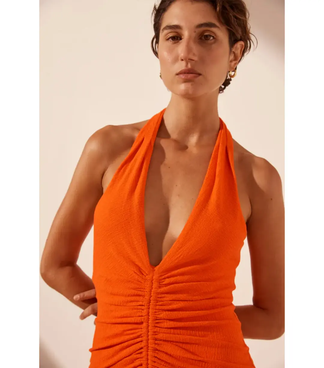 Shona Joy Beau Halter Ruched Midi Dress Hibiscus Size AU 8 for rent on The Volte - main image