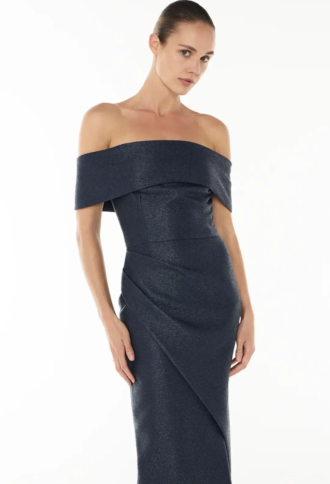 Manning Cartel Micro Weave Off Shoulder Dress Navy Size 12 for rent on The Volte - main image