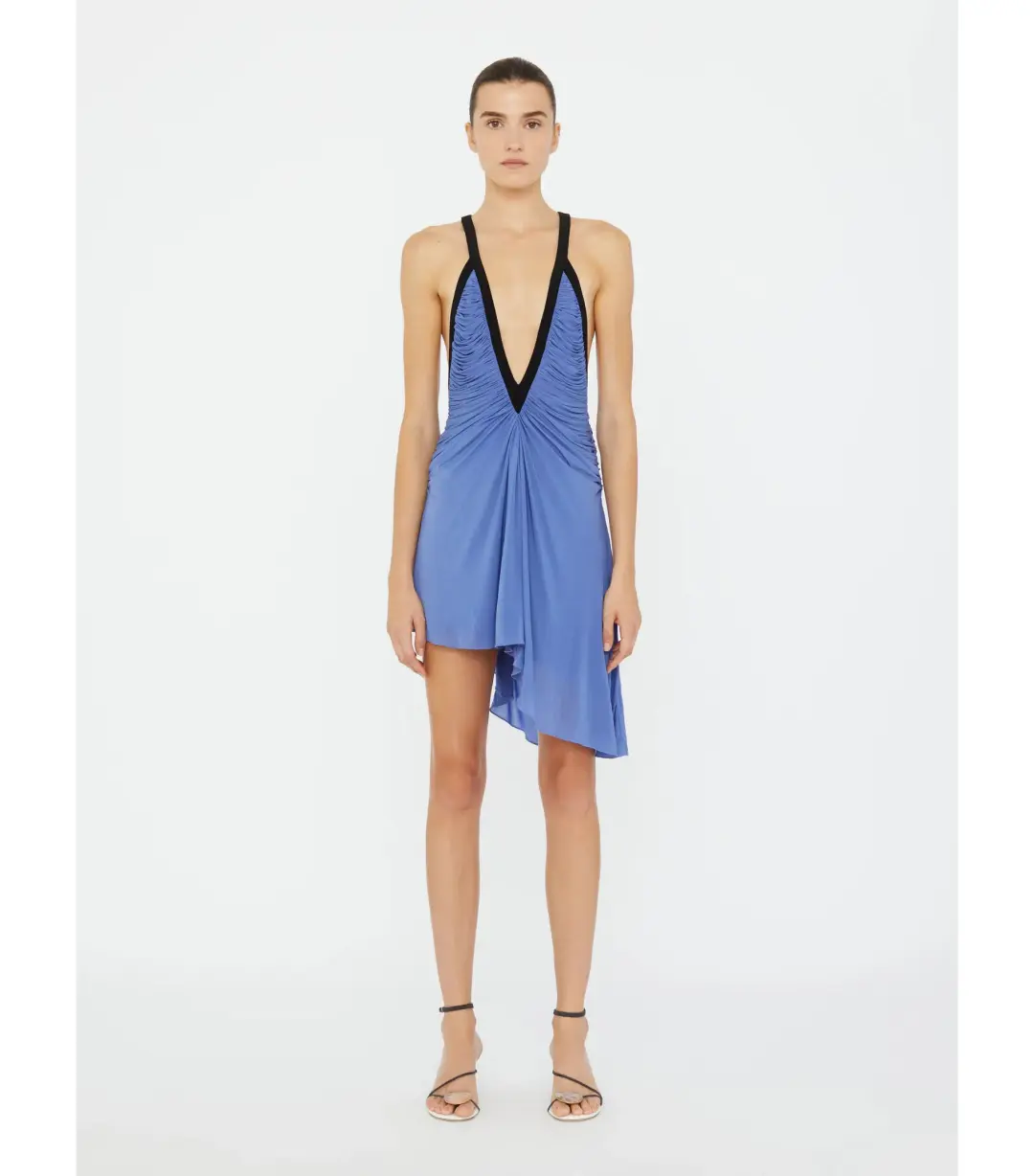 Christopher Esber Suspended Jersey Fluted Mini Dress in Blue Iris Black Size AU 8 for rent on The Volte - main image