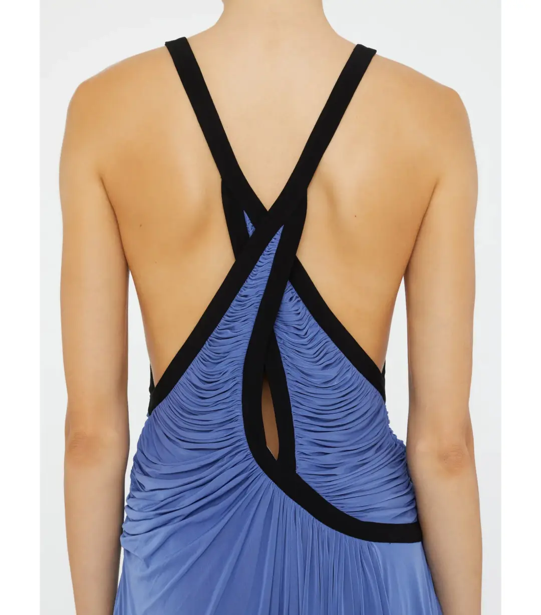 Christopher Esber Suspended Jersey Fluted Mini Dress in Blue Iris Black Size AU 8 for rent on The Volte - main image