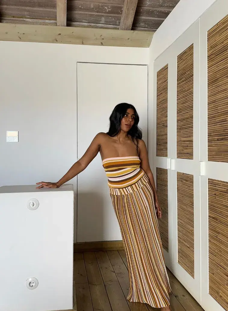 Faithfull Citara Strapless Top & Maxi Skirt Set in Cocoa Size 8 for rent on The Volte - main image