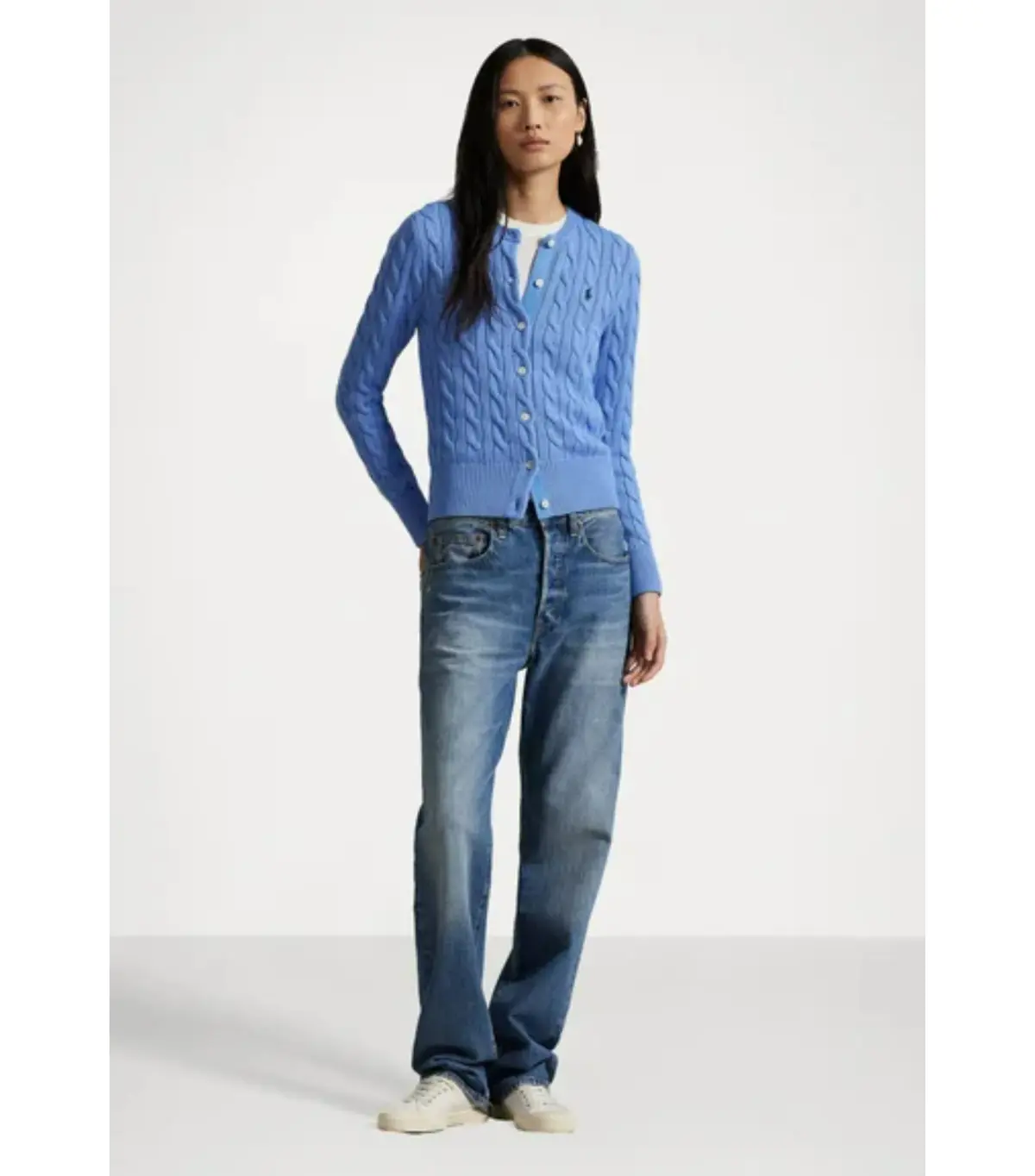 Polo Ralph Lauren Cable-knit Cotton Crewneck Cardigan Blue Size AU 8 - Image 1