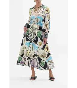 Camilla My Porto Pen Pal Waist Tie Midi Shirt Dress Multi Size AU 10