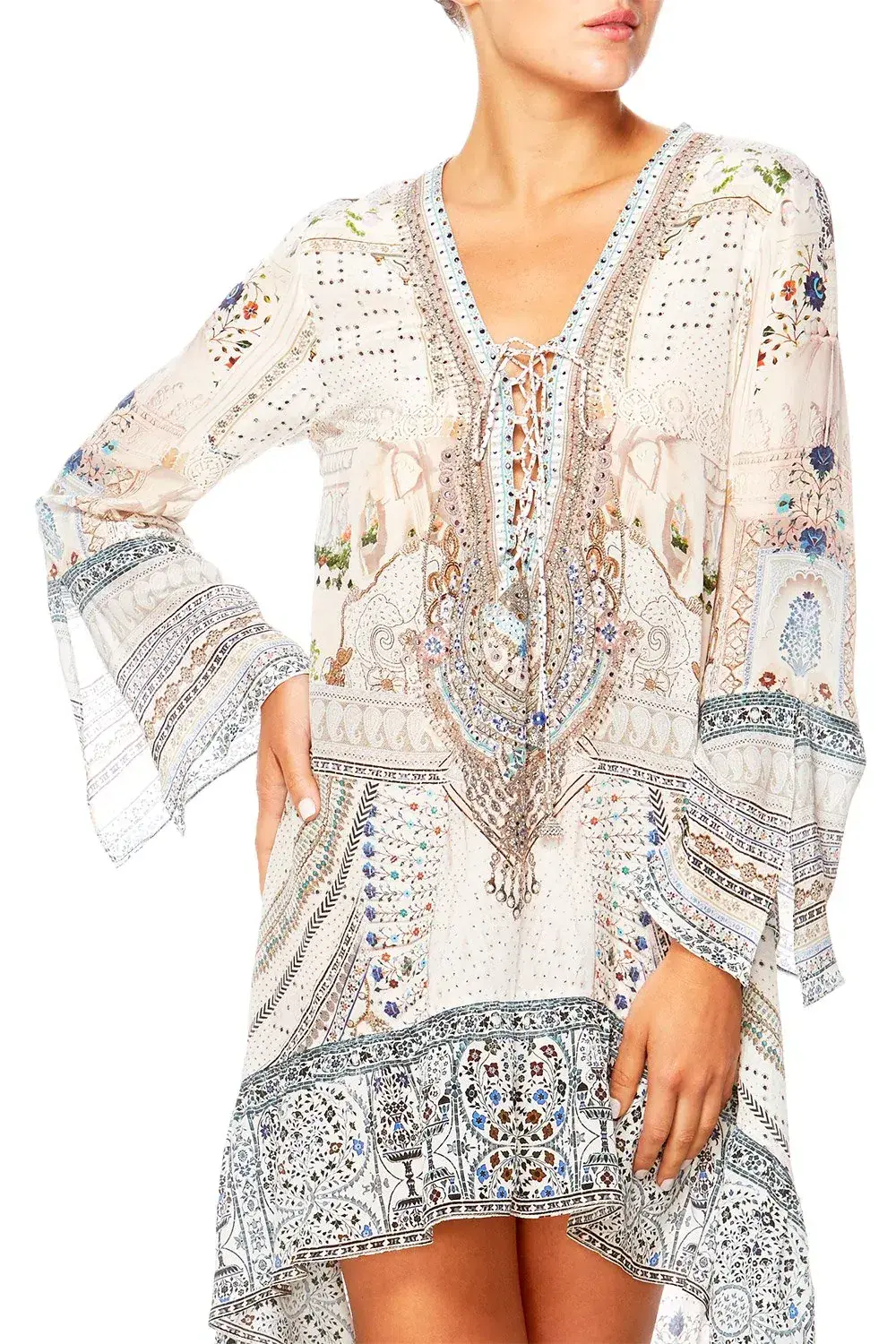 Camilla Breakfast With Silvia Short Dress with High Low Hem Print Size XS for rent on The Volte - main image