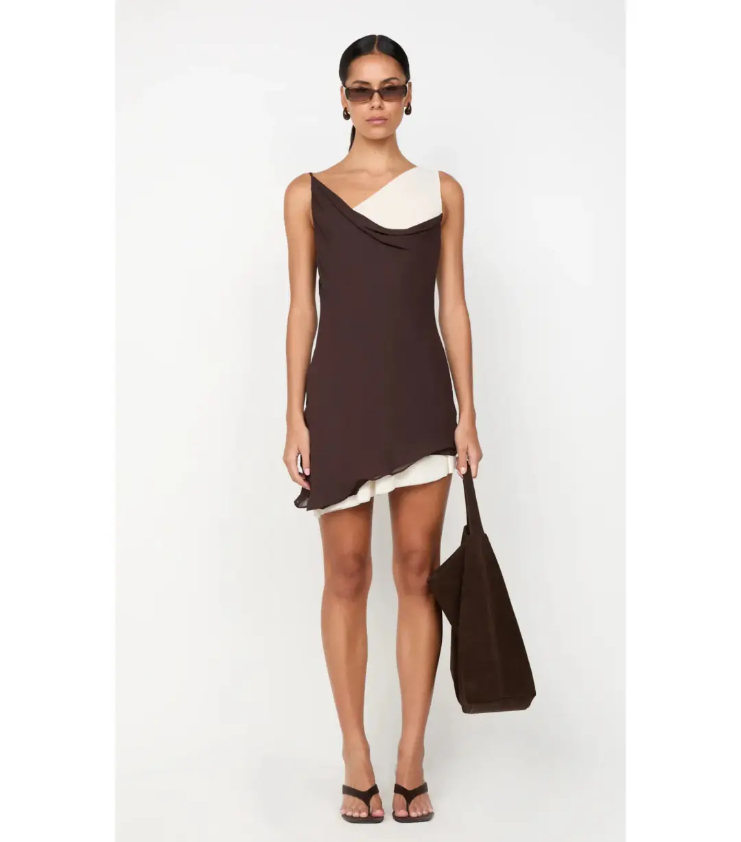 Bec & Bridge Jehnaya Asym Mini Dress Dark Chocolate/Butter Cream Size AU 8 for rent on The Volte - main image