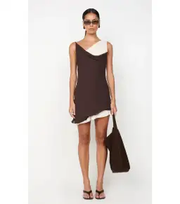 Bec & Bridge Jehnaya Asym Mini Dress Dark Chocolate/Butter Cream Size AU 8 for rent on The Volte - image 1
