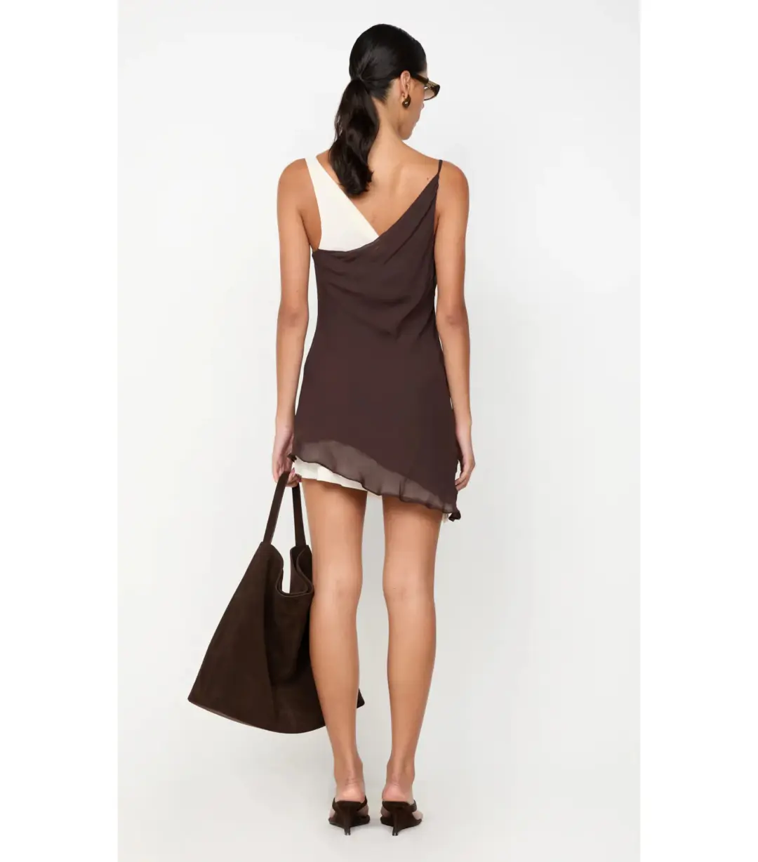 Bec & Bridge Jehnaya Asym Mini Dress Dark Chocolate/Butter Cream Size AU 10 for rent on The Volte - main image