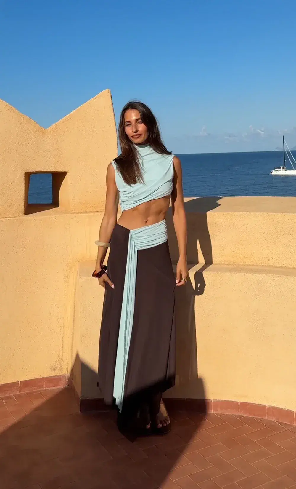 Bec & Bridge CONNI ASYM MIDI DRESS ARCTIC BLUE / DARK CHOC Size 14 for rent on The Volte - main image