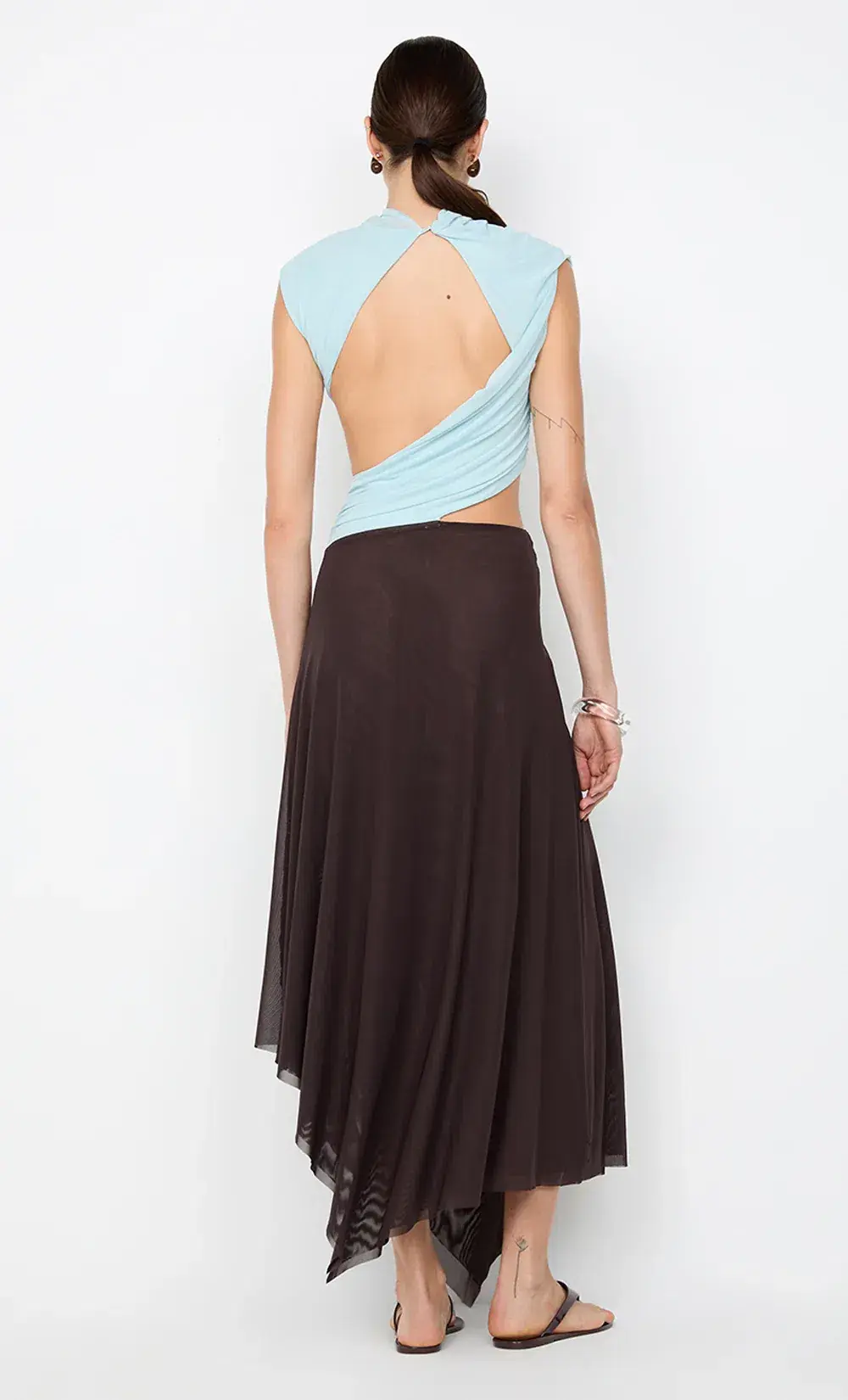 Bec & Bridge CONNI ASYM MIDI DRESS ARCTIC BLUE / DARK CHOC Size 14 for rent on The Volte - main image
