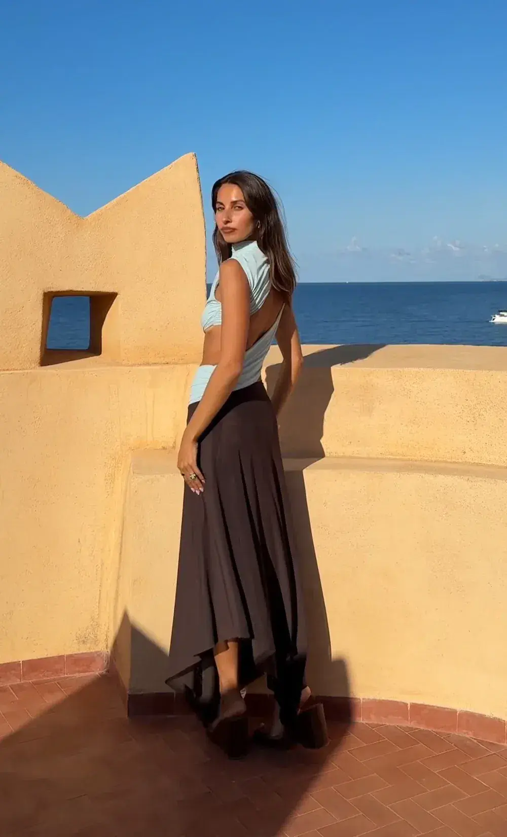 Bec & Bridge CONNI ASYM MIDI DRESS ARCTIC BLUE / DARK CHOC Size 14 for rent on The Volte - main image