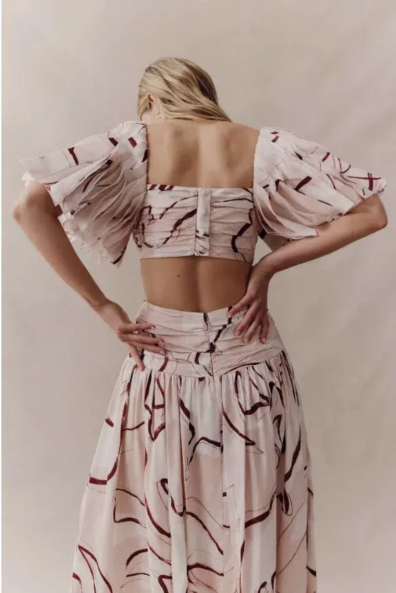 AJE Marianne Midi Dress Ruched Cutout Whimsical Dove for rent on The Volte - main image