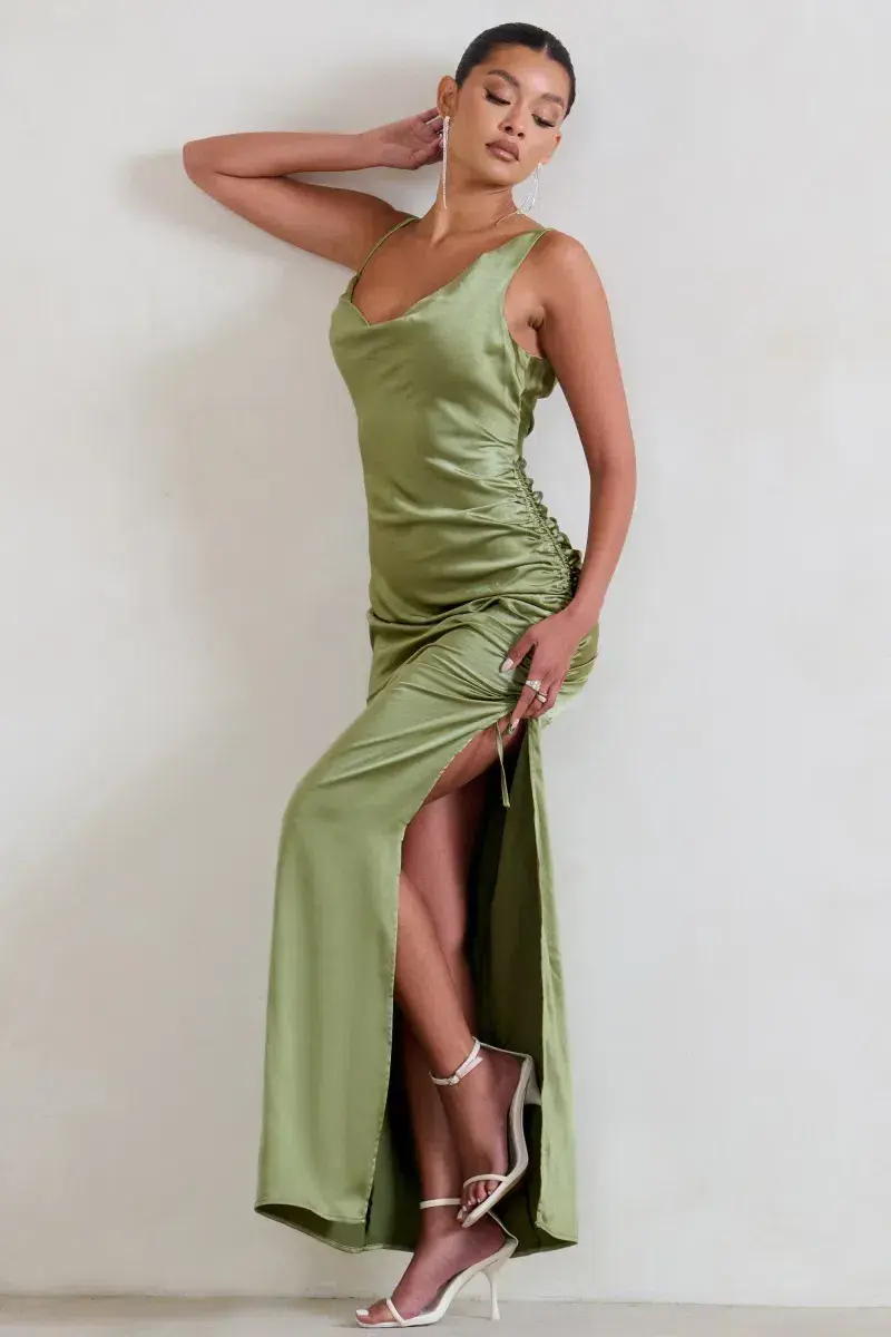 Club L london ruched cowl maxi dress olive color size 6 for rent on The Volte - main image