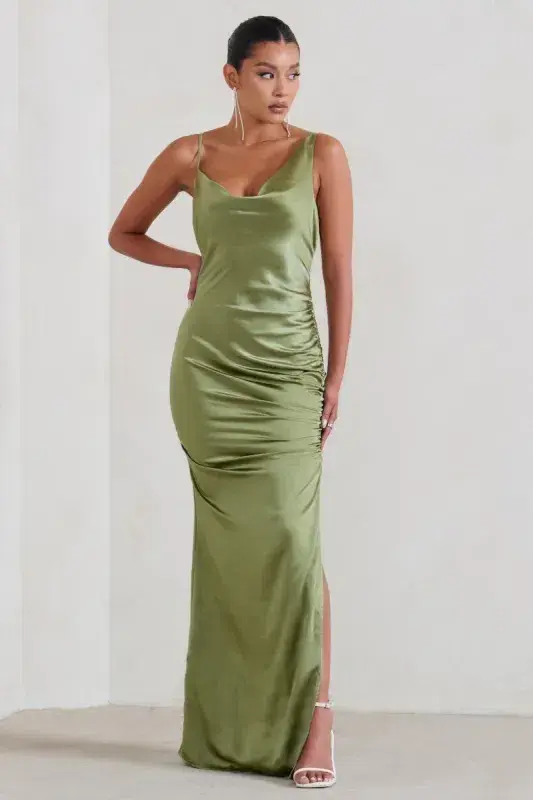 Club L london ruched cowl maxi dress olive color size 6 for rent on The Volte - main image