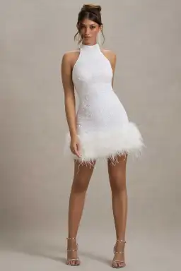 Club London LUMI White Sequin High-Neck Feather Trim Mini Dress 6 for rent on The Volte - image 4