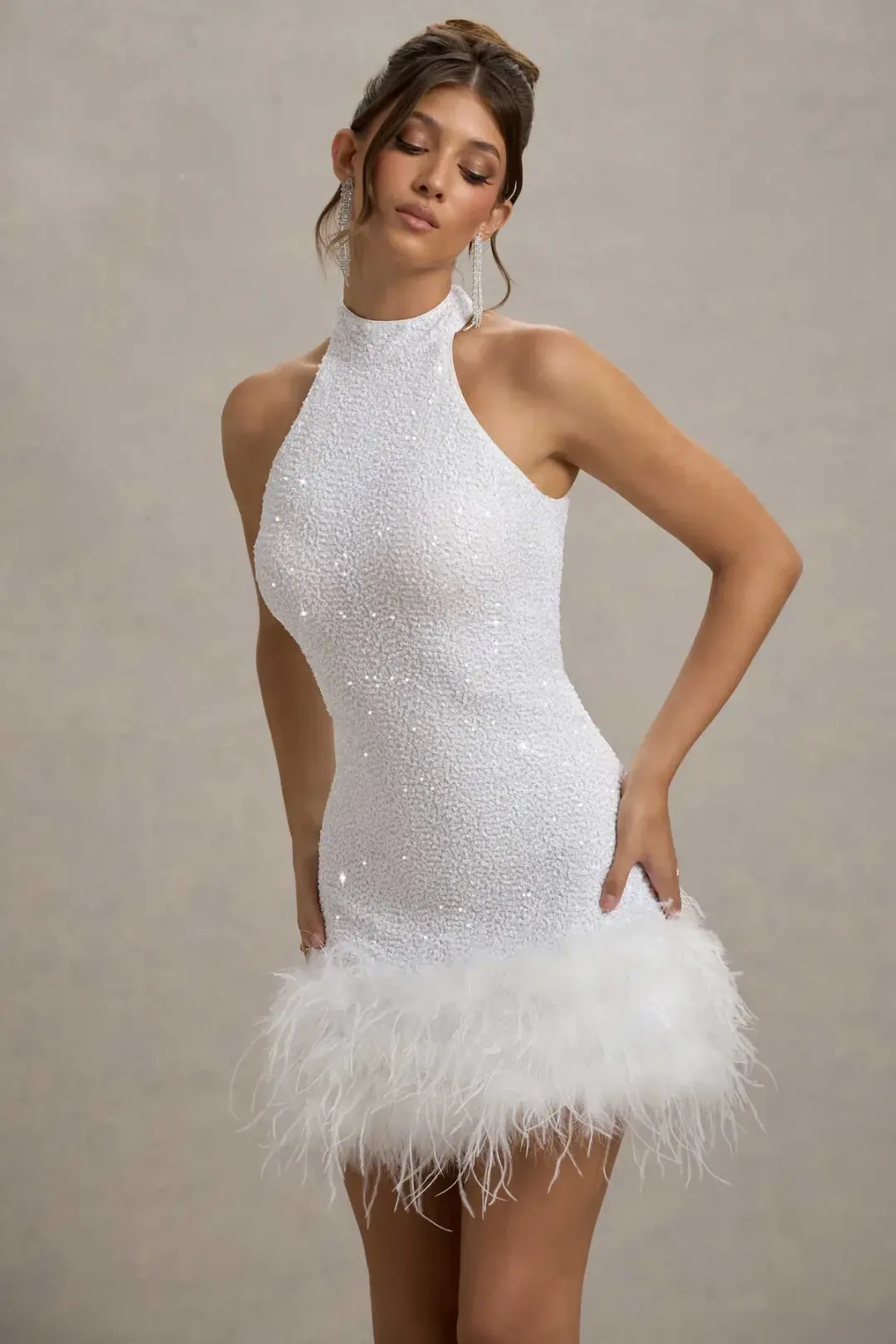 Club London LUMI White Sequin High-Neck Feather Trim Mini Dress 6 for rent on The Volte - main image