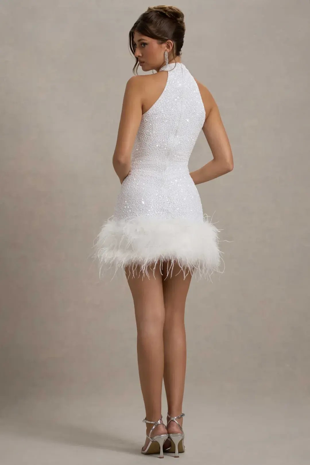 Club London LUMI White Sequin High-Neck Feather Trim Mini Dress 6 for rent on The Volte - main image