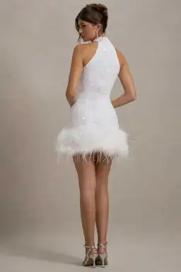 Club London LUMI White Sequin High-Neck Feather Trim Mini Dress 6 for rent on The Volte - image 2