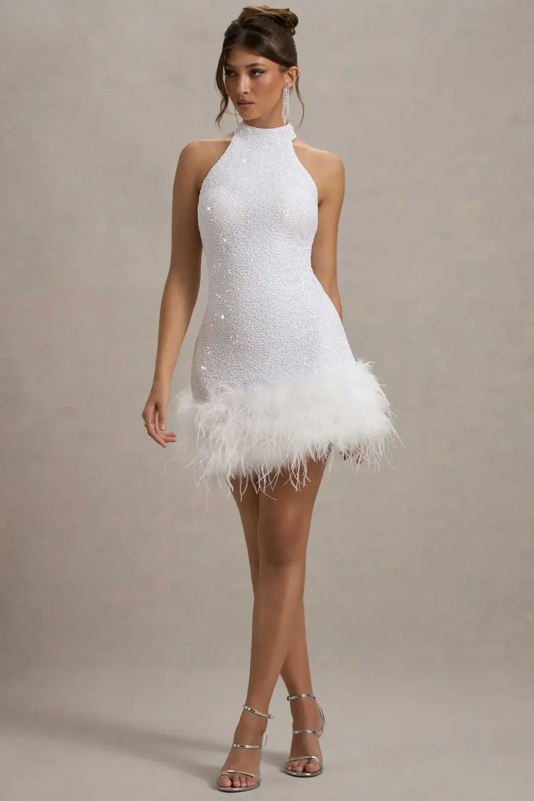 Club London LUMI White Sequin High-Neck Feather Trim Mini Dress 6 for rent on The Volte - main image