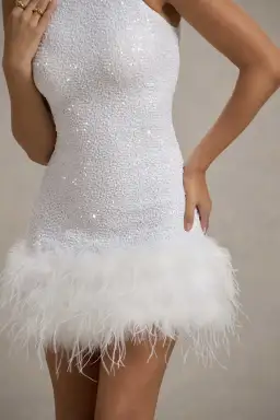 Club London LUMI White Sequin High-Neck Feather Trim Mini Dress 6 for rent on The Volte - image 5