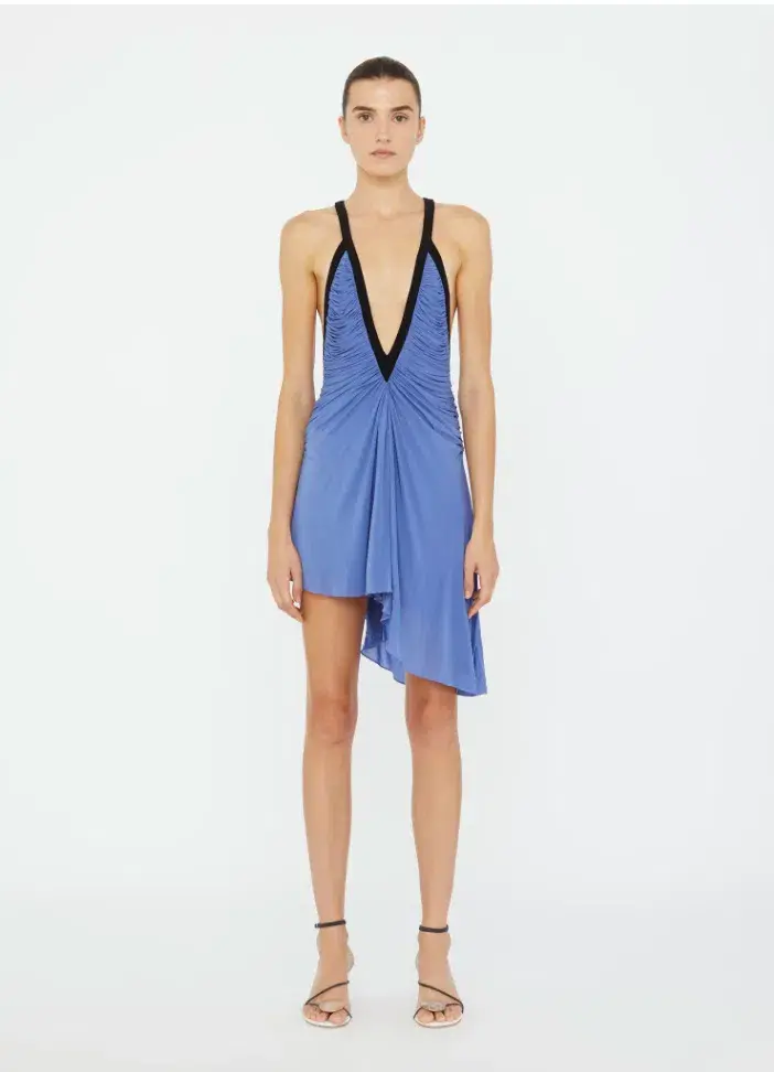 Christopher Esber V-neck Suspended Jersey Fluted Mini Dress Blue Iris Size 6 for rent on The Volte - main image